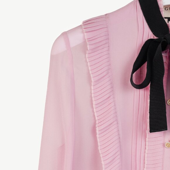 Gucci Resort 2016 Pink Silk Pleated Ruffle Tie-Neck Shirt - Picture 5 of 10
